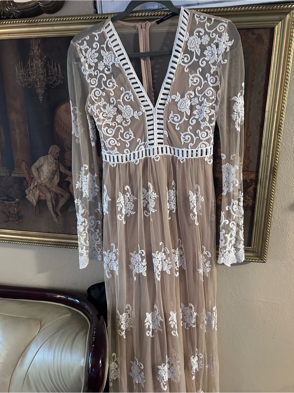 Beautiful elegant tan and white long sleeved laced dress